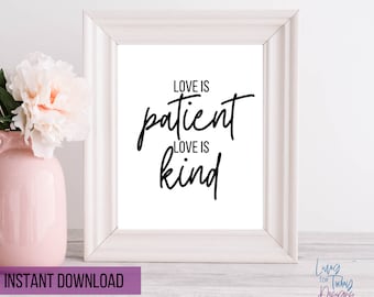 Arte de pared cristiano, el amor es paciente imprimible, el amor es amable arte de pared imprimible, 1 Corintios 13, impresión de citas bíblicas, impresión de versículos bíblicos