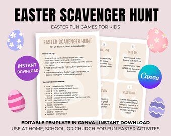 Búsqueda del tesoro de Pascua imprimible, juegos de Pascua, divertida búsqueda del tesoro para niños en interiores y exteriores, pistas de Pascua, actividades de Pascua, juegos de primavera