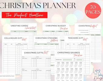 May include: A 70-page Christmas planner featuring various printable templates including a greeting cards checklist, budget tracker, colleagues gift list, stocking fillers, teachers gift list, Christmas gifts list, and a Christmas savings tracker.