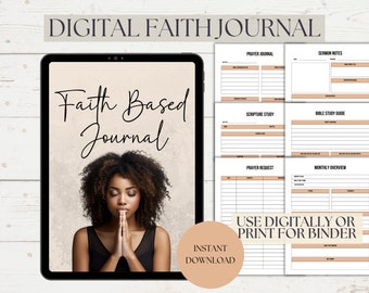 Pode incluir: Diário de fé digital com o texto "Faith Based Journal" na tela de um tablet. A imagem inclui páginas de diário para oração, estudo das Escrituras, anotações de sermões e muito mais. O texto "Use digitally or print for binder" também é visível.