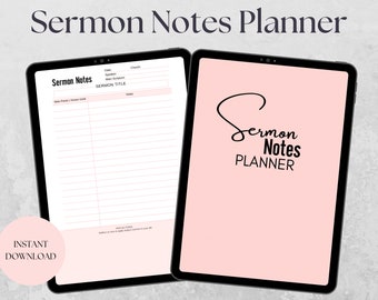 May include: A digital planner template for sermon notes. The template is displayed on a tablet with a pink background and the text "Sermon Notes Planner" in black. The template includes sections for date, speaker, main scripture, sermon title, main points, verses used, and reflections.
