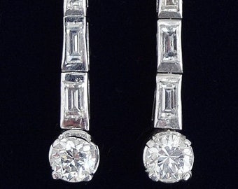 Stunning art deco platinum 4.10ct baguette diamond vintage antique dangle earrings