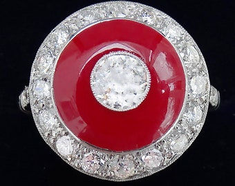 Stunning art deco platinum red enamel and 1.01ct diamond vintage antique target cluster ring