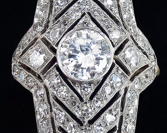 Stunning art deco 18ct gold and platinum 2.30ct diamond elongated vintage antique cluster ring