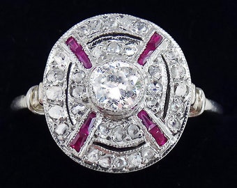 Beautiful art deco platinum ruby and rose cut diamond vintage antique cluster ring