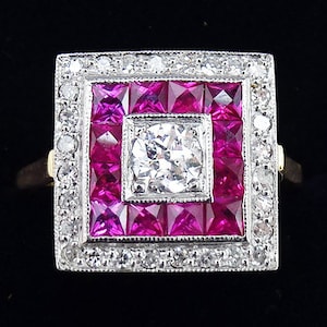 Gorgeous art deco 18ct gold and platinum ruby and diamond panel vintage antique cluster ring