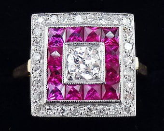 Gorgeous art deco 18ct gold and platinum ruby and diamond panel vintage antique cluster ring