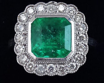 Fabulous art deco 18ct 18k white gold 4.75ct emerald and diamond cluster vintage antique ring