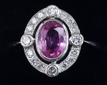 Gorgeous art deco platinum 1ct pink sapphire and diamond vintage antique cluster ring