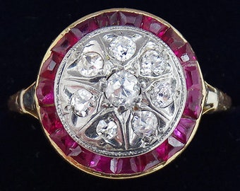 Gorgeous art deco 18ct gold and platinum ruby and diamond vintage antique target ring