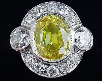 Stunning art deco platinum 2ct yellow sapphire and diamond vintage antique cluster ring