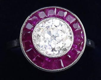 Stunning art deco platinum ruby and 1.55ct old cut diamond vintage antique target ring