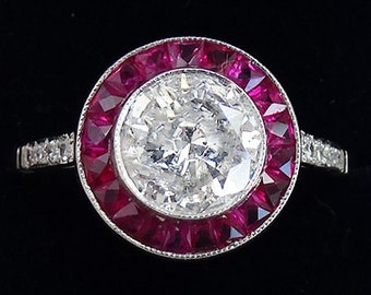 Fabulous platinum art deco 1.48ct diamond and ruby vintage antique target ring