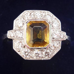 Stunning art deco platinum 1ct yellow sapphire and diamond vintage antique cluster ring