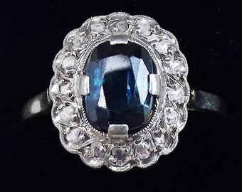 Beautiful art deco 18ct 18k white gold 1.15ct sapphire and diamond vintage antique cluster ring