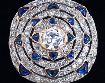 Gorgeous art deco 18ct gold and platinum 2.23ct diamond and sapphire vintage antique cluster ring