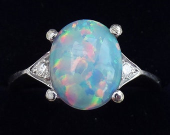 Beautiful art deco 18ct 18k white gold 1.65ct opal and diamond vintage antique cluster ring