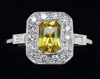 Beautiful art deco platinum 0.60ct yellow sapphire and diamond vintage antique cluster ring