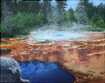 Yellowstone, Hot Spring, Oil Painting, Original, Wyoming, Water, Reflections, Art, Fine Art, Handmade, Painting, Landscape, Thermal Pool