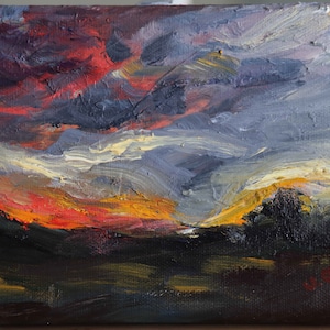 Sunset, oil painting, original, clouds, mountains, sunset colors, evening, storm clouds, art, fine art, handmade, painting