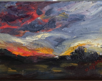 Sunset, oil painting, original, clouds, mountains, sunset colors, evening, storm clouds, art, fine art, handmade, painting