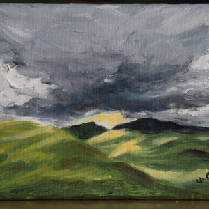 Rolling hills, oil painting, original, clouds, mountains, sunlight, storm clouds, green hills, art, fine art, handmade, painting