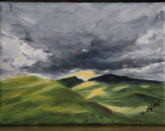 Rolling hills, oil painting, original, clouds, mountains, sunlight, storm clouds, green hills, art, fine art, handmade, painting