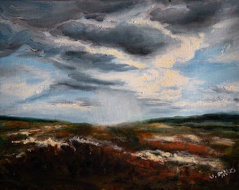 Landscape, Oil Painting, Original, Stormy Sky, Clouds, Hills, Rain in the Distance, Art, Fine Art, Handmade, Painting