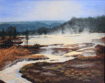 Yellowstone Hot Lake / Hot Spring / Yellowstone / National Park / ORIGINAL / Painting / Fine Art / Nature / Landscape / Steaming Land