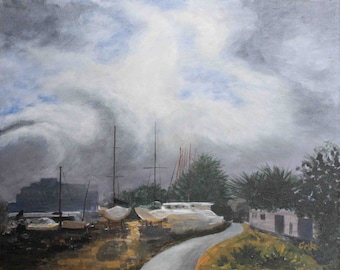Boats, Landscape, Oil Painting, Clouds, Monterey, Near the Sea, Fog Rolling In, Sea, Fine Art, Handmade, Art, Painting