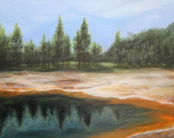 Yellowstone Pool / Yellowstone National Park / ORIGINAL / Landscape Painting / Fine Art / Nature / Outdoors / Hiking / Decor / Reflection
