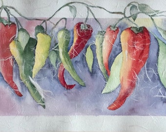 Hot Peppers, Southwestern, Watercolor Painting, Original, Pepper, Art, Fine Art, Handmade, Painting, Culinary, Kitchen, Santa Fe, New Mexico