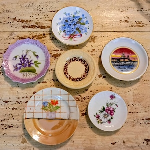 May include: A collection of six small decorative ceramic plates. One features blue flowers with a pink ribbon, one has purple violets with a scalloped lavender rim, one shows a bridge with the text Mackinac Bridge, one has a floral pattern, one has a grid design with flowers, and one has a cream center with a brown border.