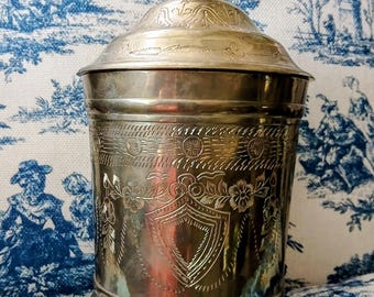 Vintage William Rogers solid brass etched round container cannister with lid