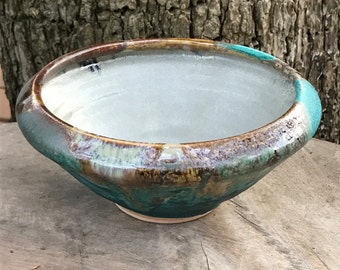 Hand Thrown Pottery Teal Turquoise Barium Blue Wheel Thrown Pot Stoneware Bowl