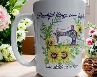 Sewing Machine Coffee Mug | Floral Vintage Design, 15 oz