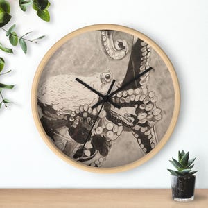 Octopus Wall Clock – Nautical Sea Life Decor – Hand-Drawn Ocean Creature Timepiece