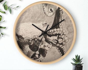 Octopus Wall Clock – Nautical Sea Life Decor – Hand-Drawn Ocean Creature Timepiece