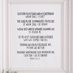 The Lord Is My Light And My Salvation Wall Print, Hand Lettered INSTANT DOWNLOAD Whom Shall I Fear Psalm 27, Black and White 8x10 5x7