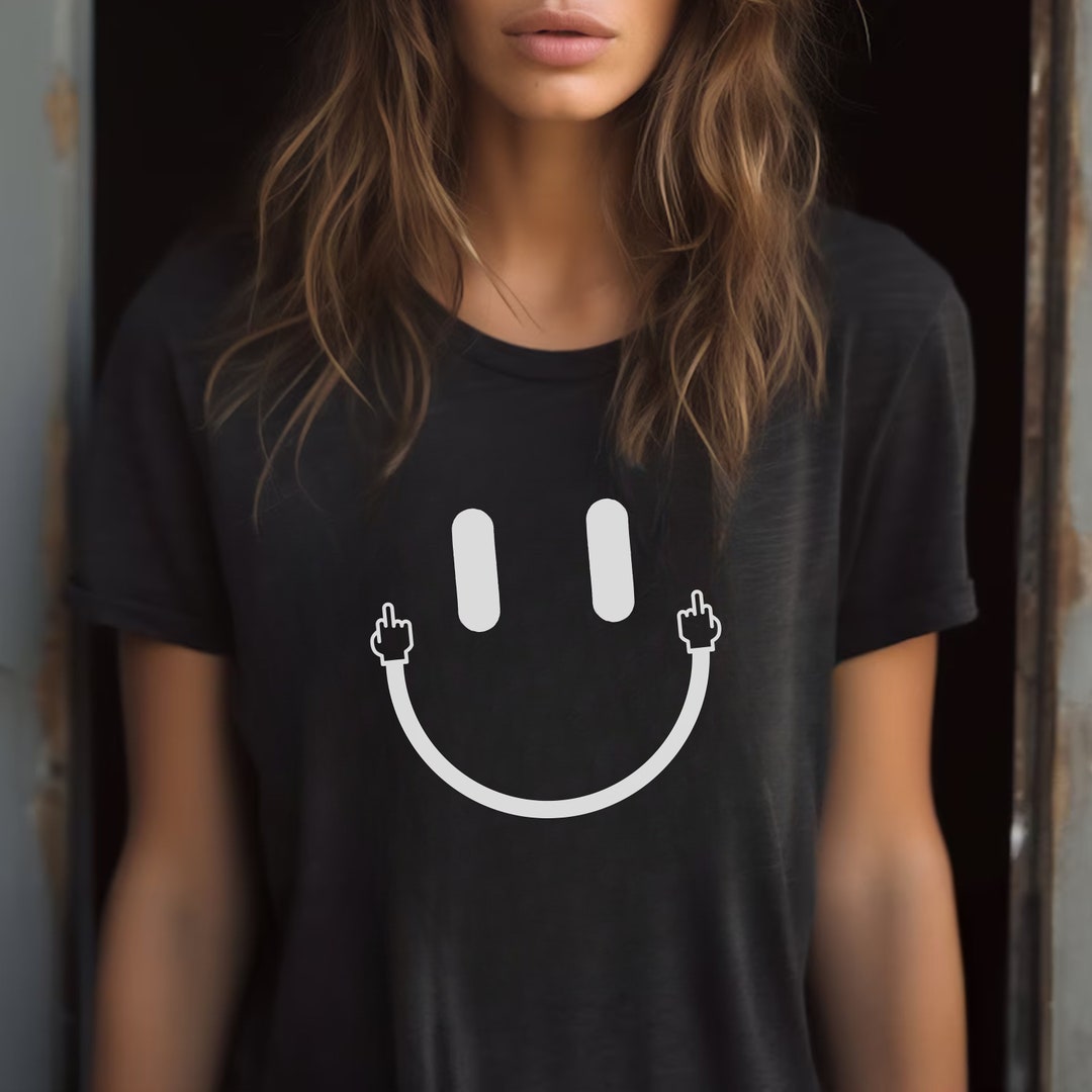Smiley Happy Face Middle Finger Emotion, Emoji Style Graphic T-shirt ...