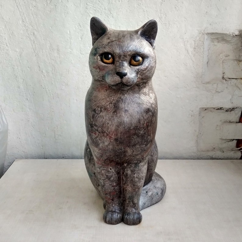 Sitting cat statue 15 Greyred marble color life size Etsy
