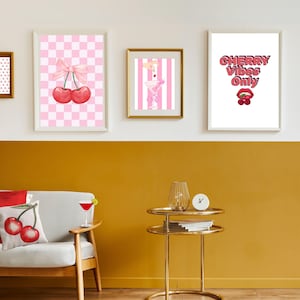 Cherry Wall Art Set of 4 | Digital Download Prints | Retro Girly Cherry Aesthetic Decor | Pink Kitchen or Bedroom Printable Art