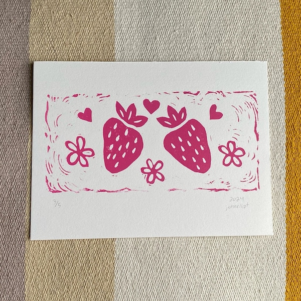 Double Strawberry Linocut Print