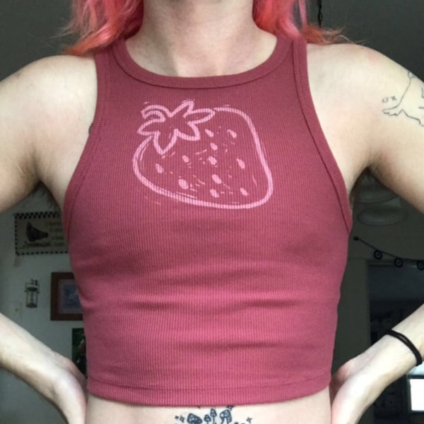 Hand Printed Strawberry Tank Top