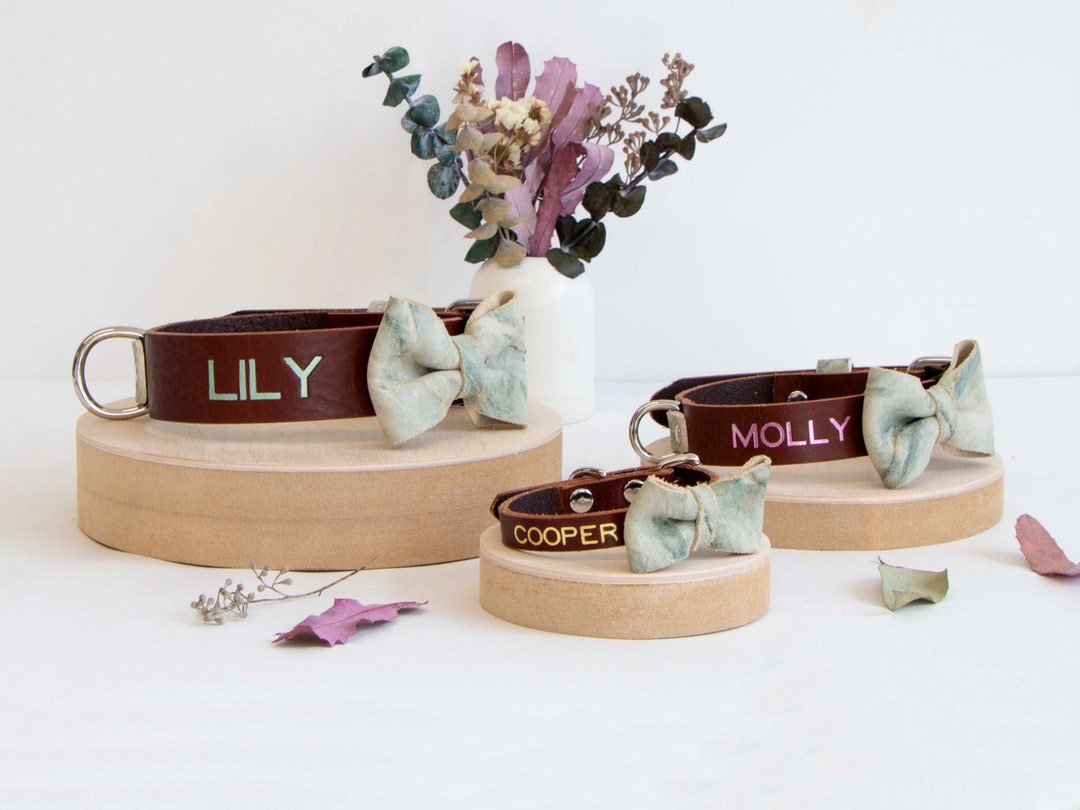 Engraved Dog Collar With Bow Marble Leather Dog Collar Marble Puppy Bow