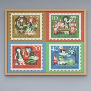 Schneewittchen Märchen Print, Vintage Schneewittchen Poster, Briefmarkenserie Deutschland 1960 - Museumsqualität (50,5 x 40 cm) ohne Rahmen