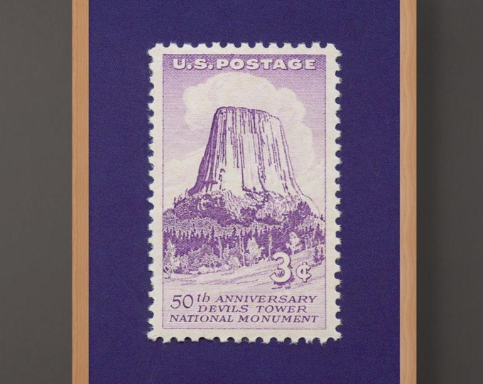 Devil's Tower Stamp Art Print: Wyoming Landmark, Museum-Quality