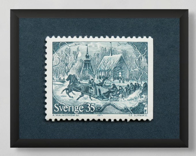 1971 Sweden Christmas Postage Stamp Art Print: Nordic Horse-Drawn Sleigh Winter Scene