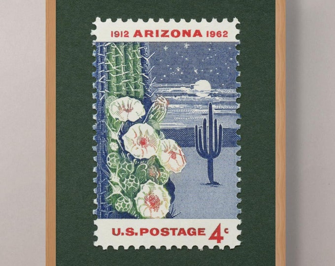 Arizona Statehood Stamp Art Print: Saguaro Cactus, Southwestern Decor