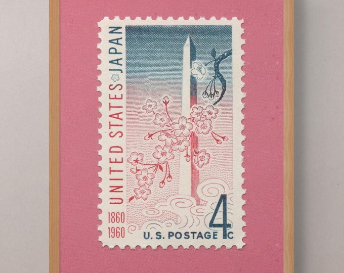 Japan-USA Treaty Stamp Art: Cherry Blossoms & Washington Monument Print